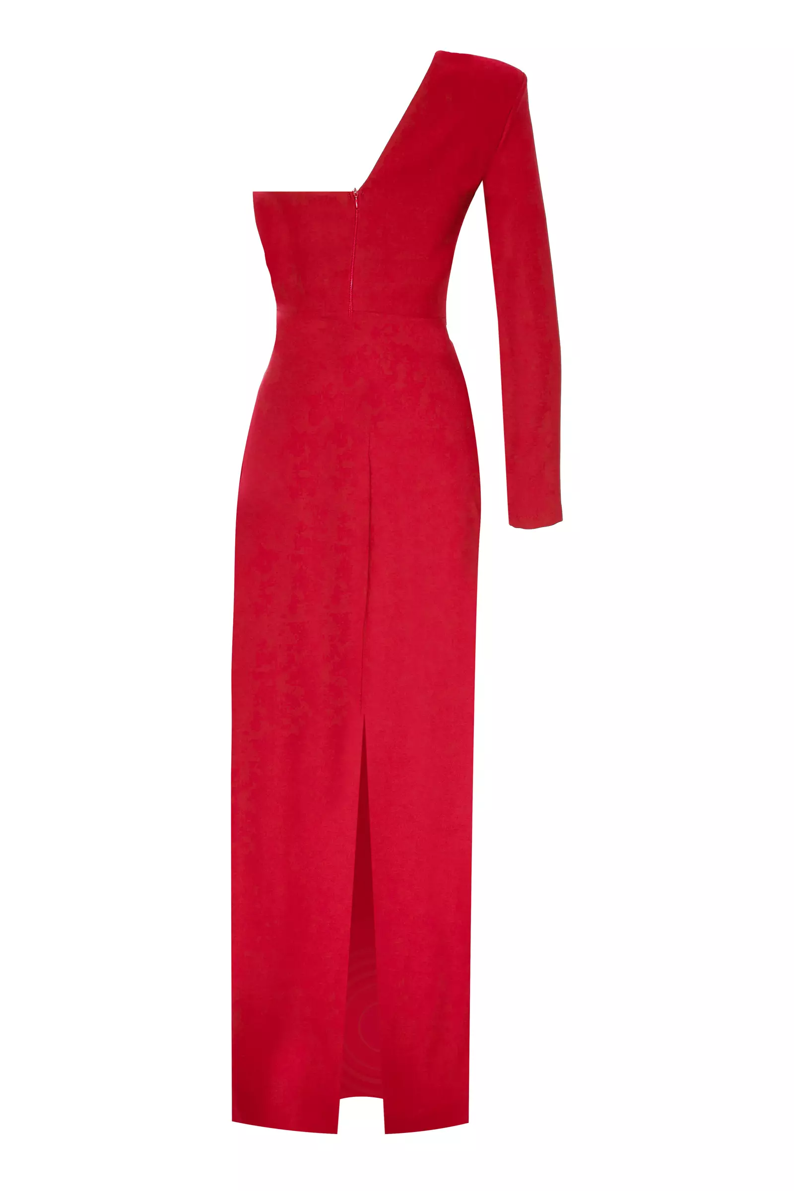 Red crepe one arm maxi dress