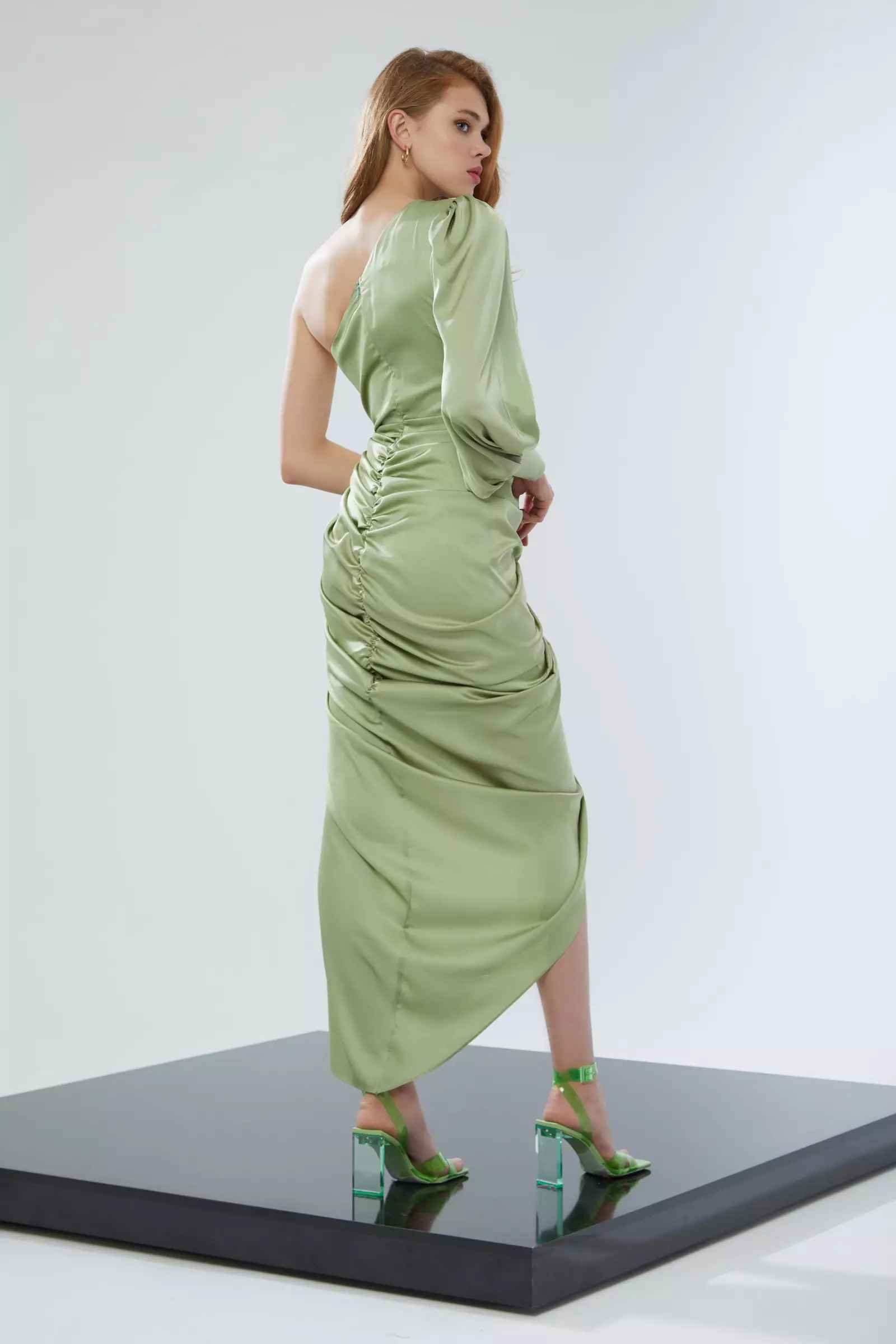 Mint Green Satin One Arm Maxi Dress