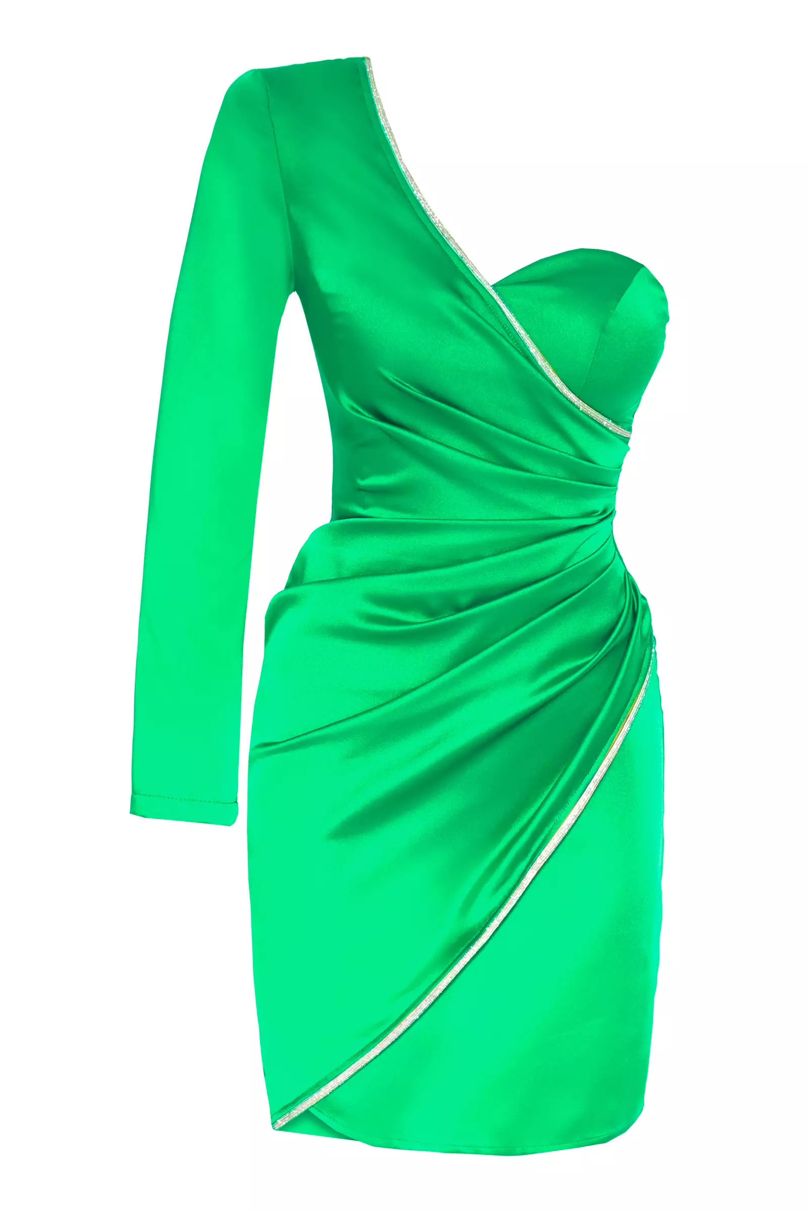 Green satin one arm mini dress