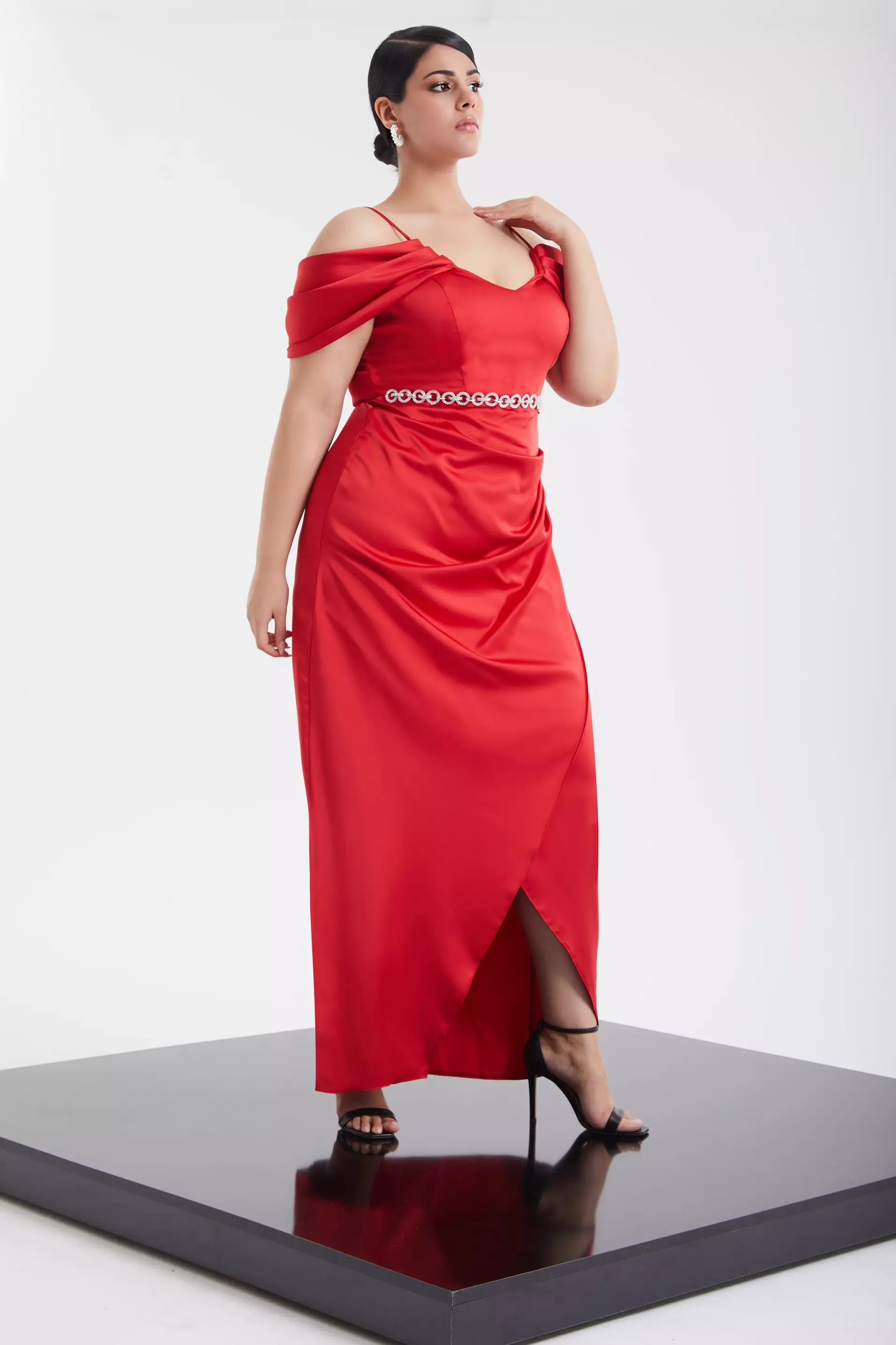 Red plus size satin sleeveless maxi dress