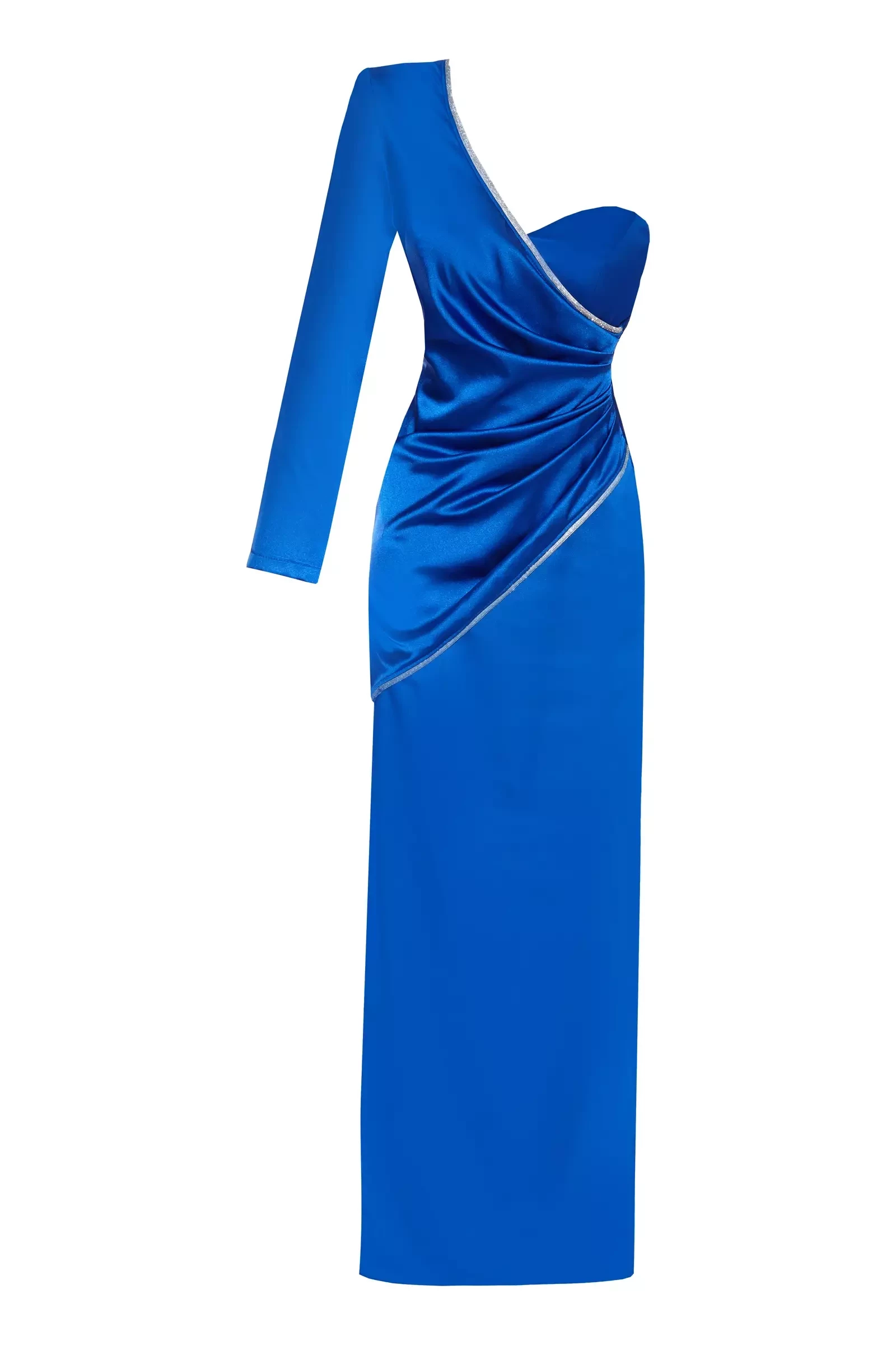 Blue satin one arm long dress