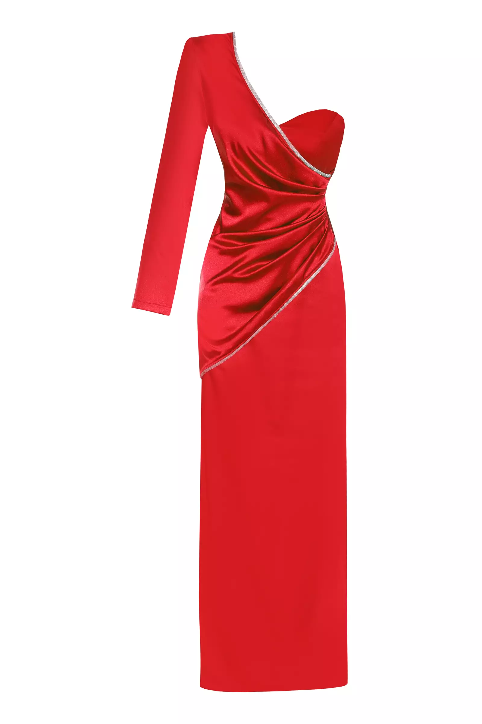 Red plus size satin one arm long dress