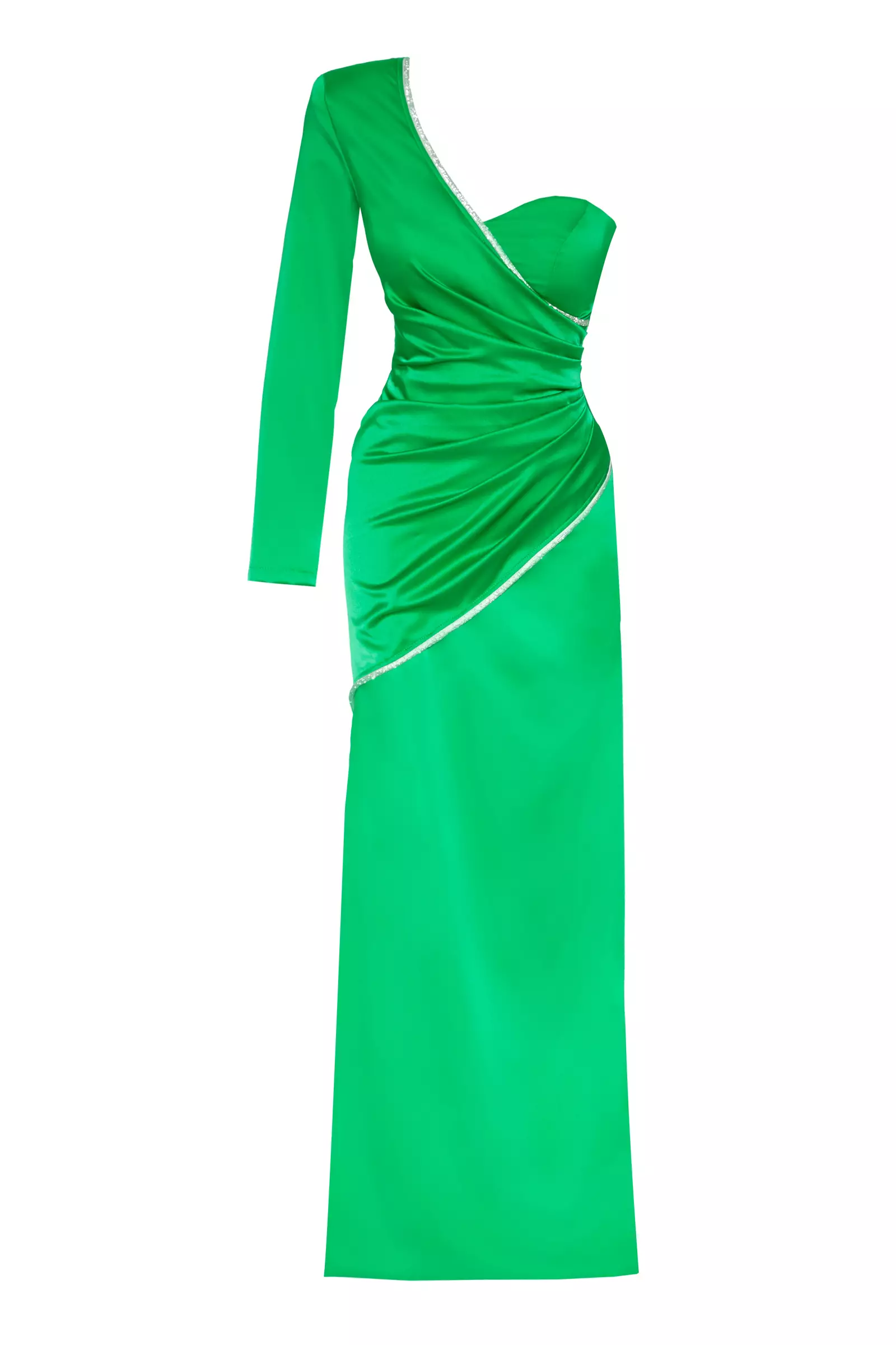 Green satin one arm long dress