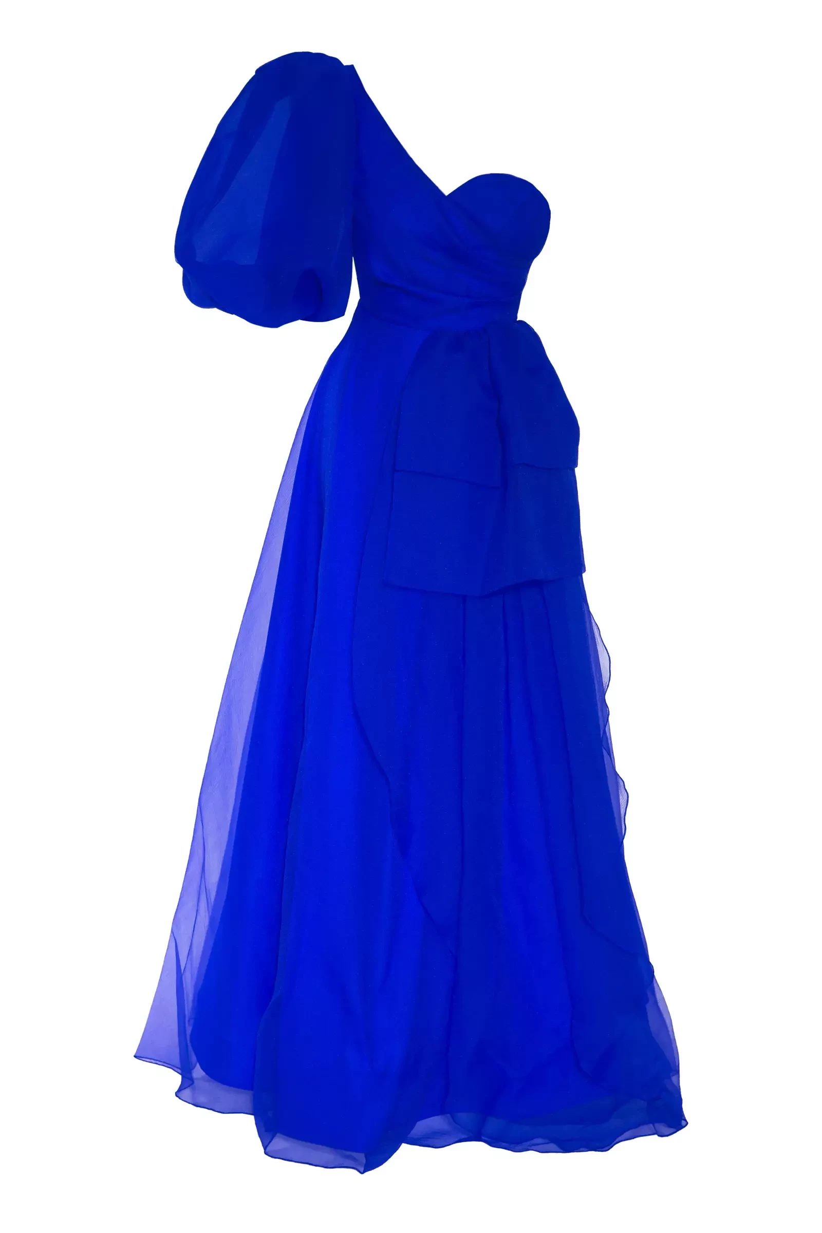 Blue tulle one arm maxi dress