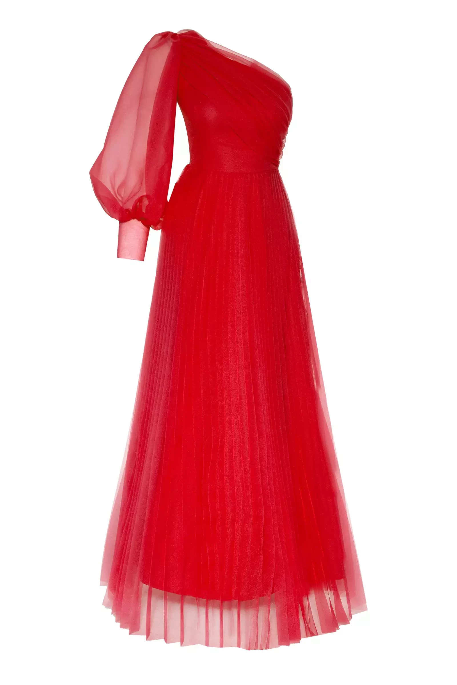 Red plus size tulle one arm long dress
