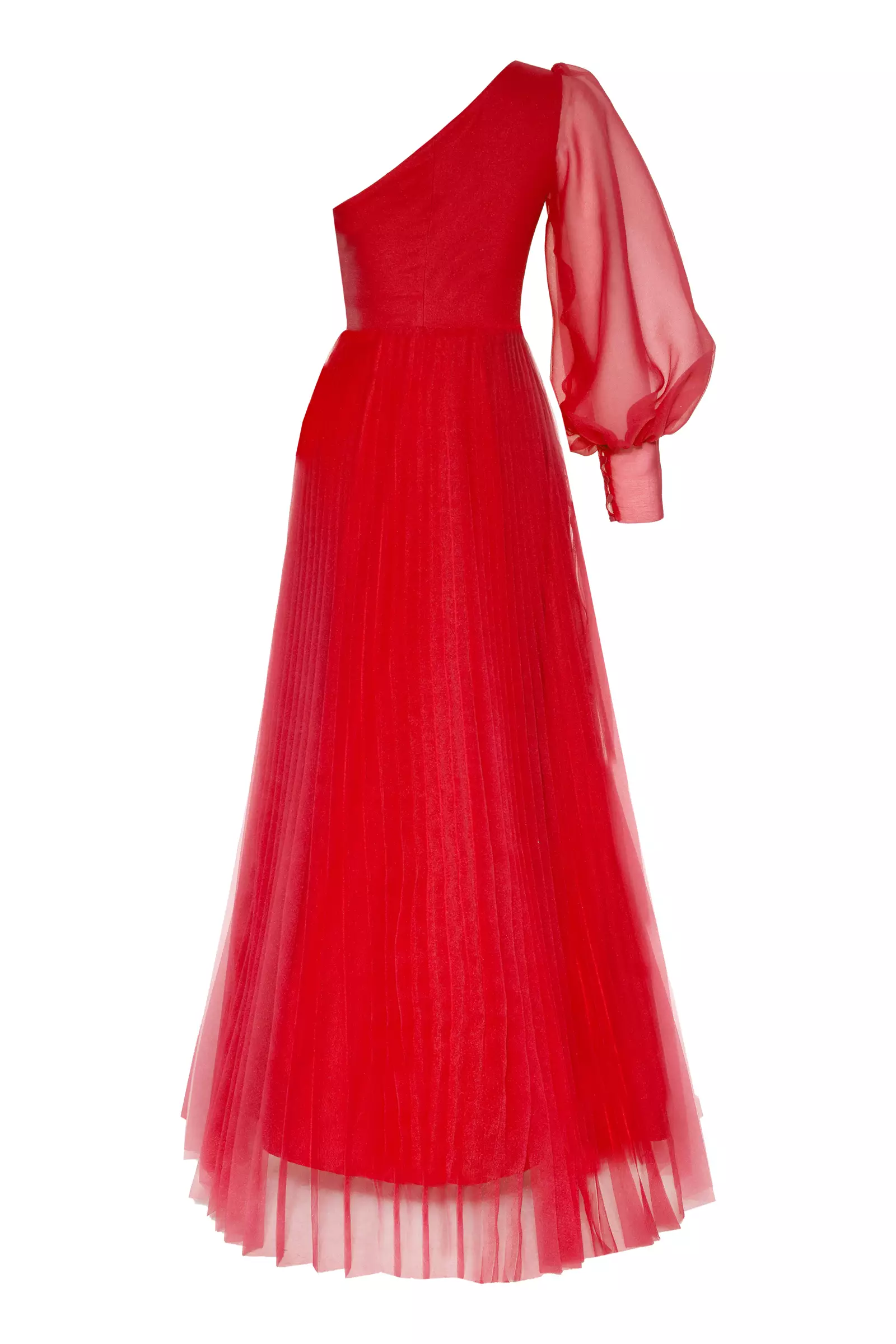 Red plus size tulle one arm long dress