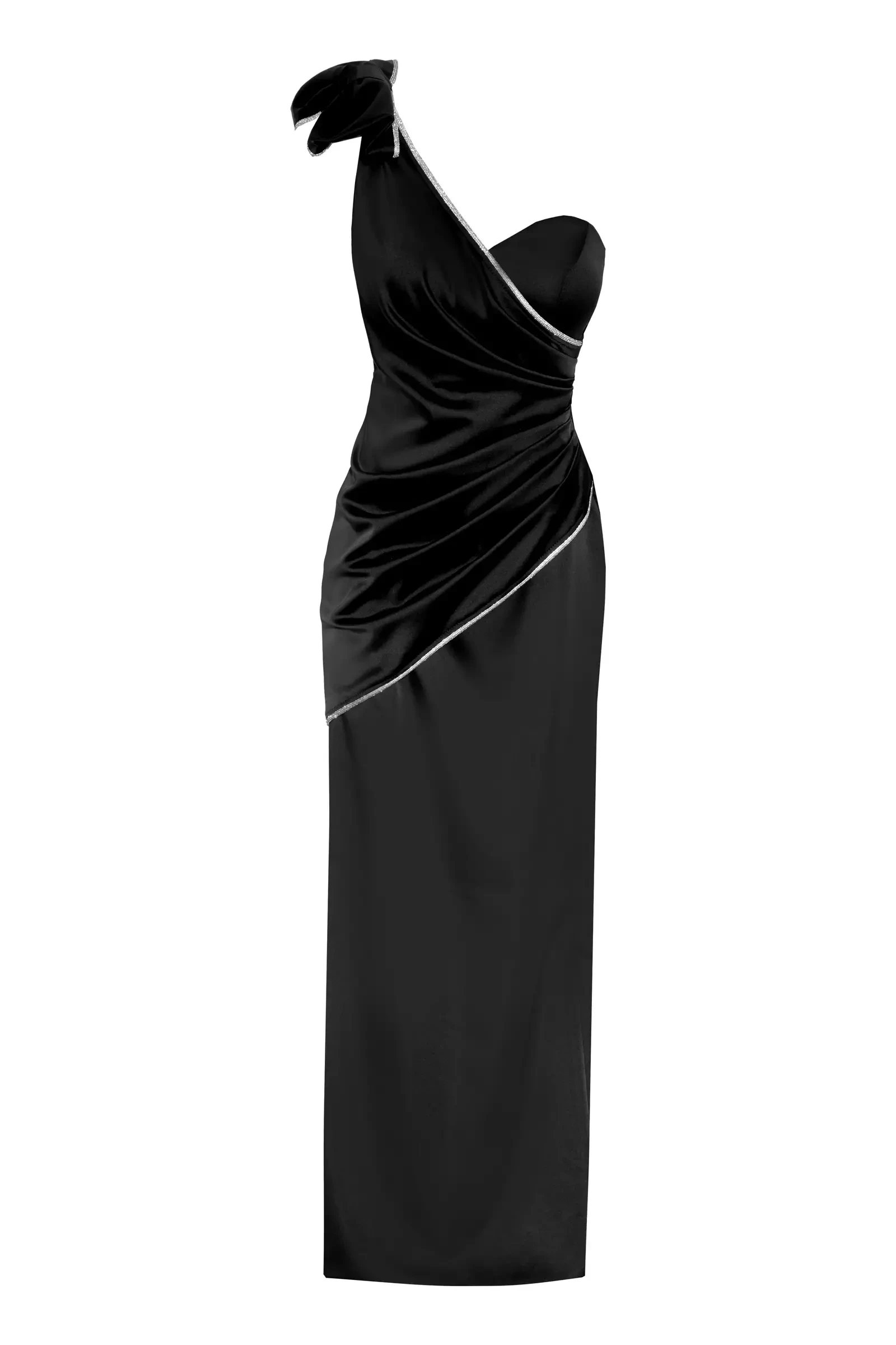 Black satin one arm maxi dress