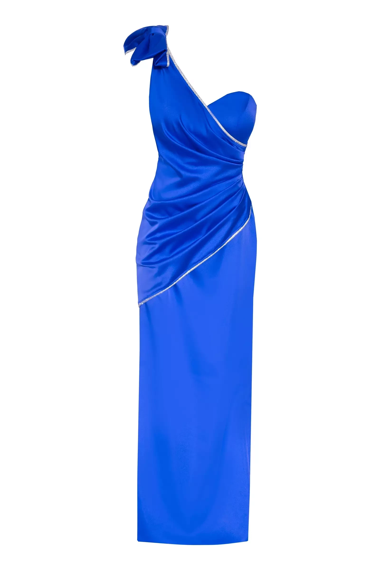 Blue satin one arm maxi dress