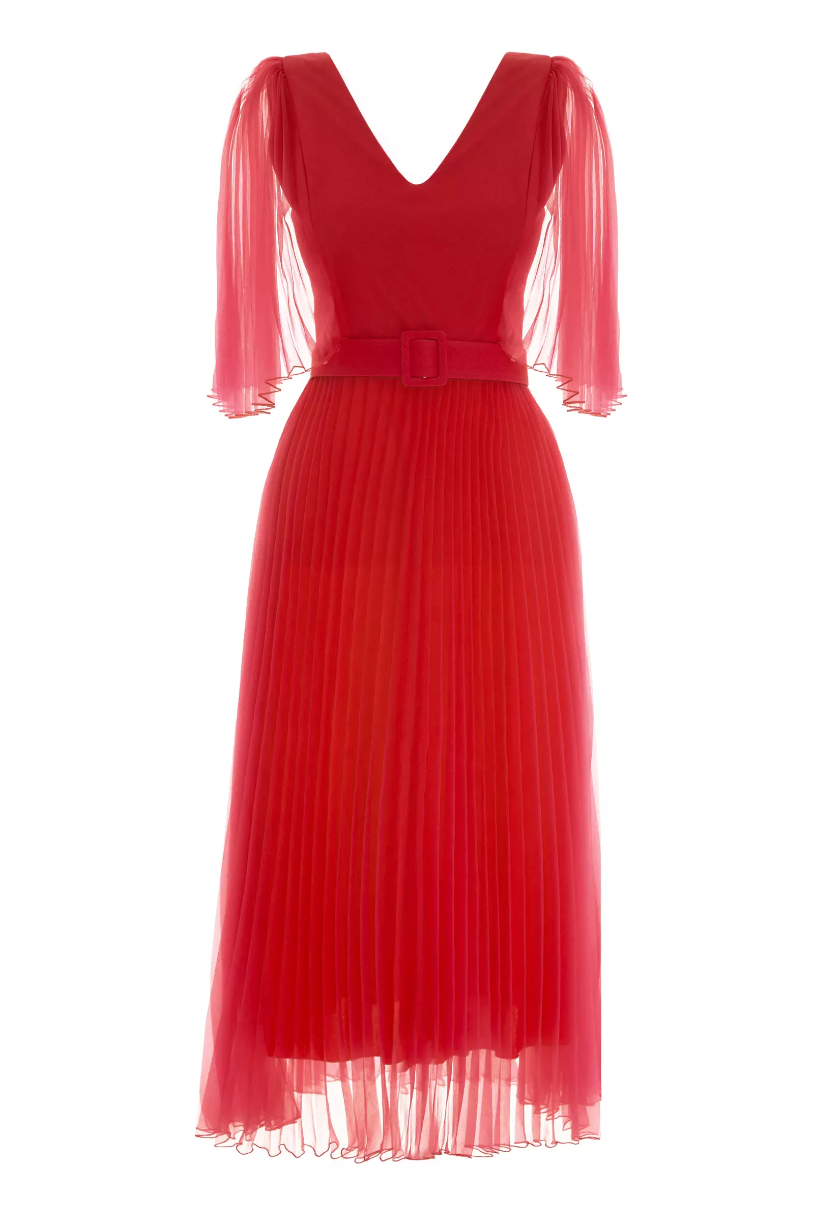Red Tulle 3/4 Sleeve Midi Dress