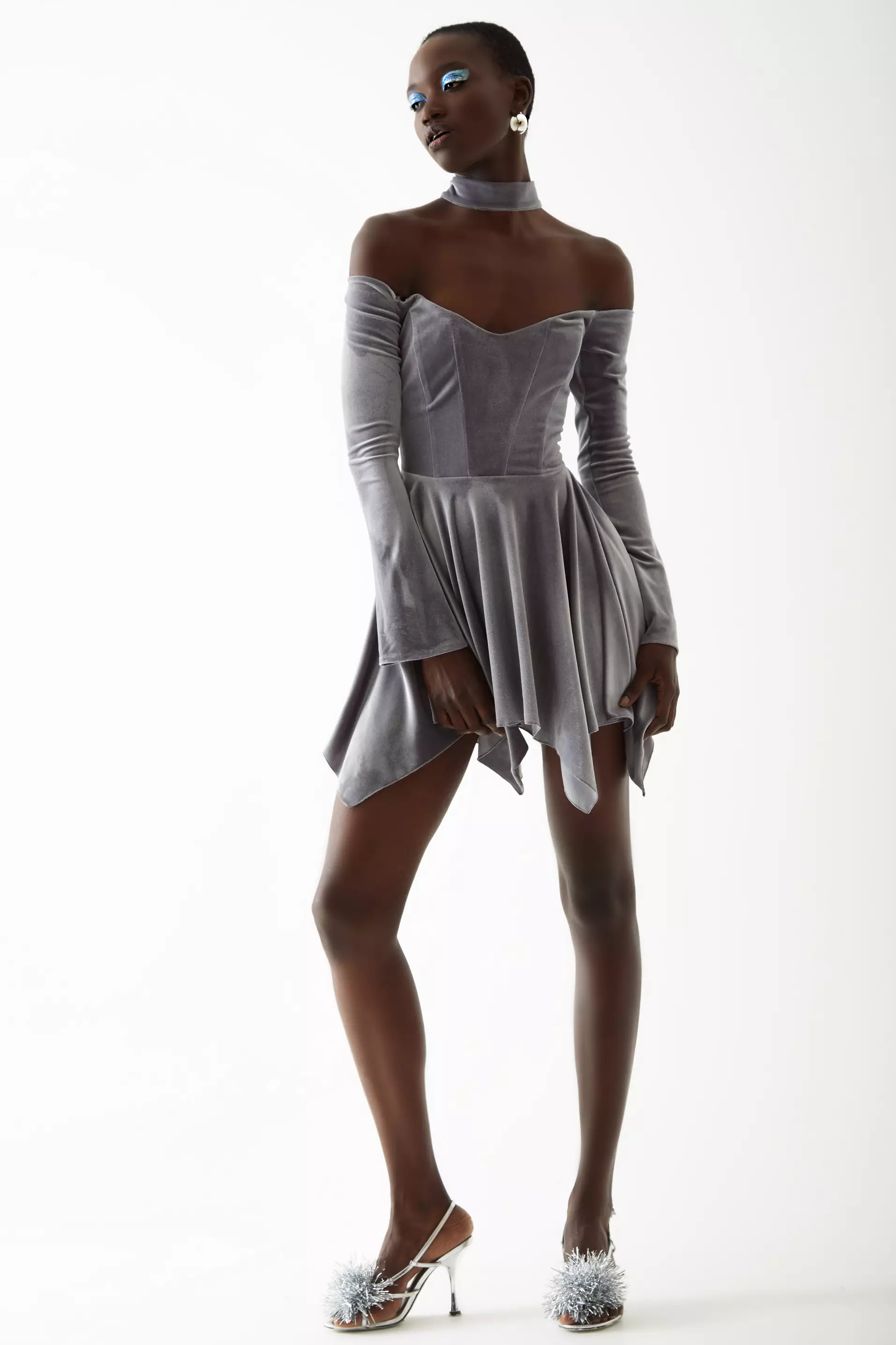 Gray Velvet Long Sleeve Mini Dress