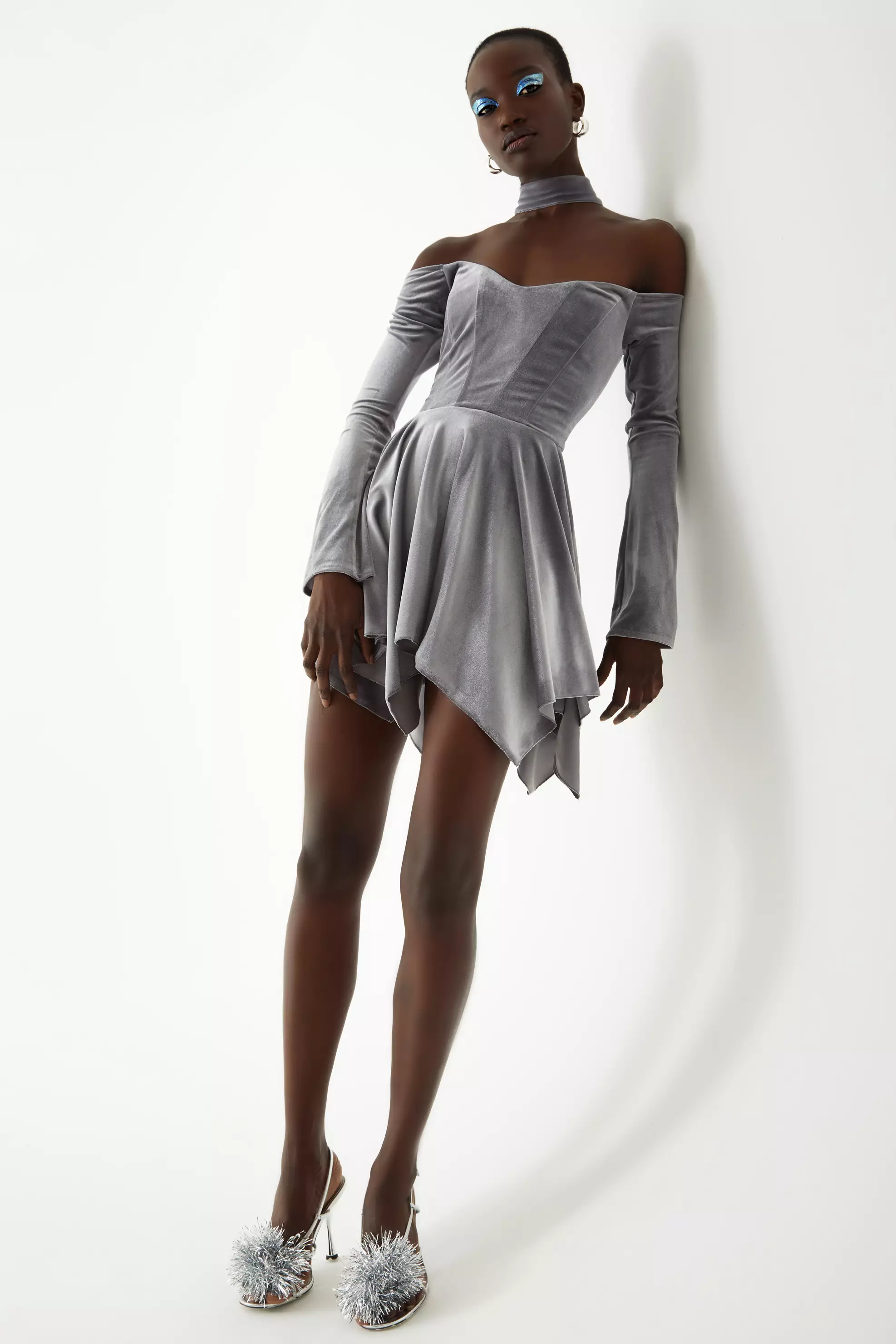 Gray Velvet Long Sleeve Mini Dress