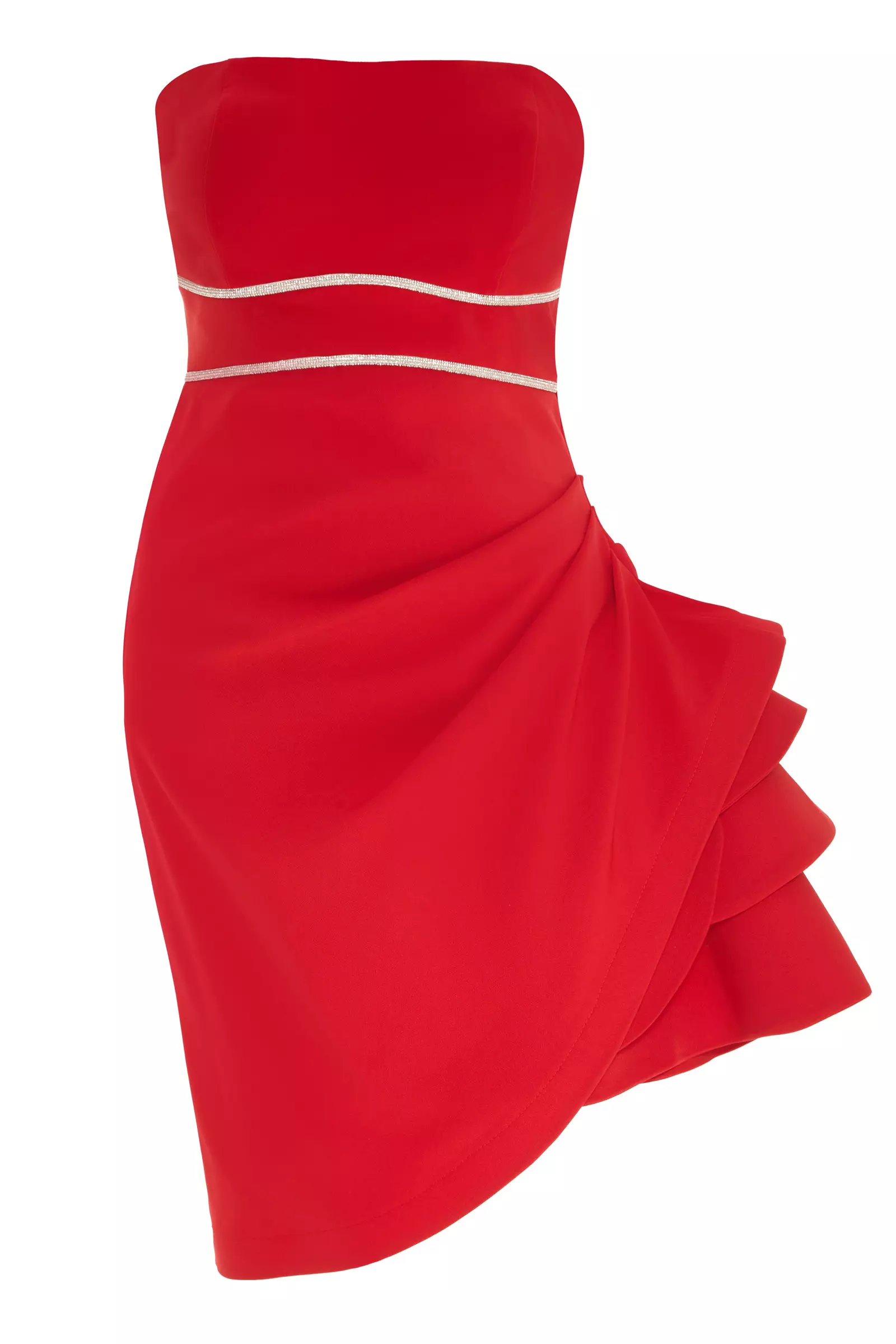 Red crepe strapless mini dress
