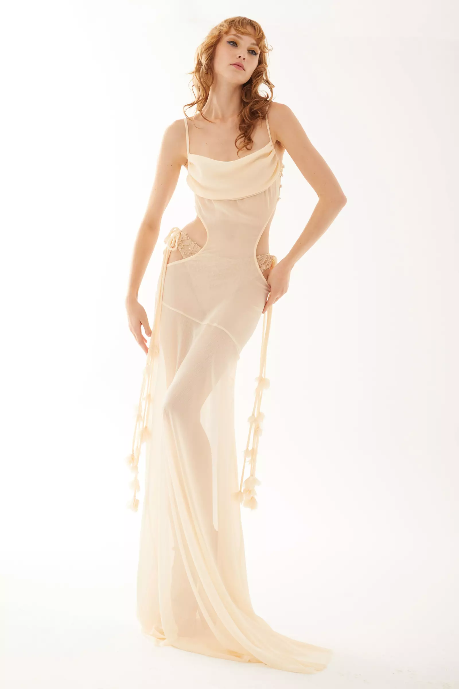 Beige sifon sleeveless long dress